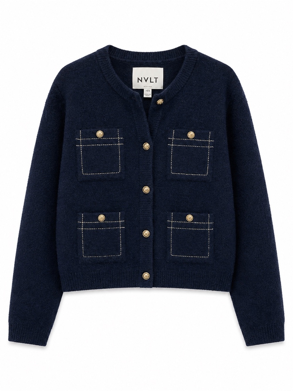 NVLT Navy Knit Cardigan with Gold Buttons and Patch Pockets